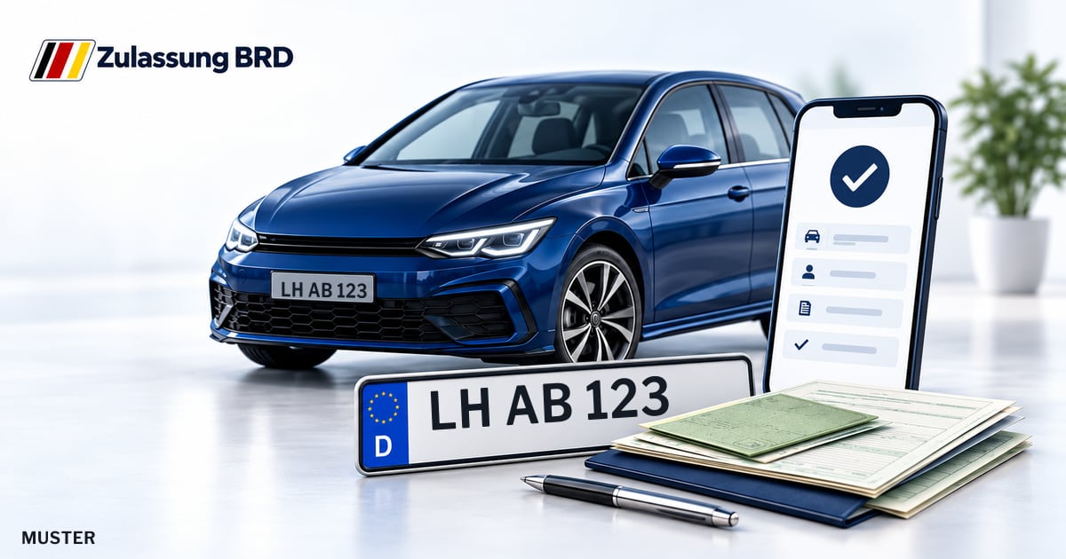 Online Fahrzeugzulassung in Rosendahl: Musterkennzeichen LH AB 123, Auto und Fahrzeugpapiere und Smartphone. Illustration mit Logo von Zulassung BRD.